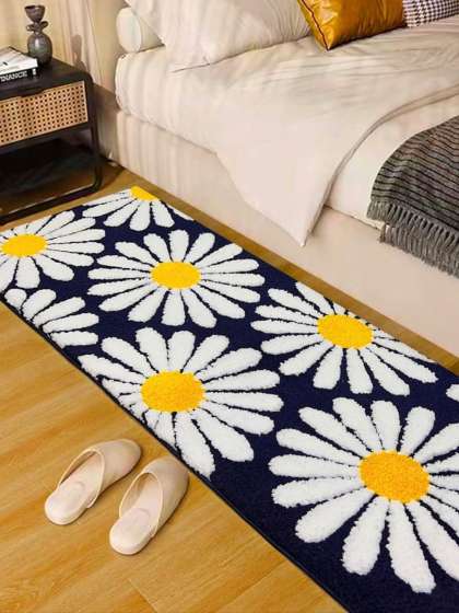 ROSEATE Dark Blue & White Printed Microfiber Bath Rug
