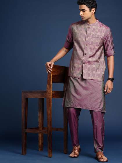 Taavi Printed Band Collar Roll-Up Sleeves Festive Kurta & Trousers With Nehru jacket