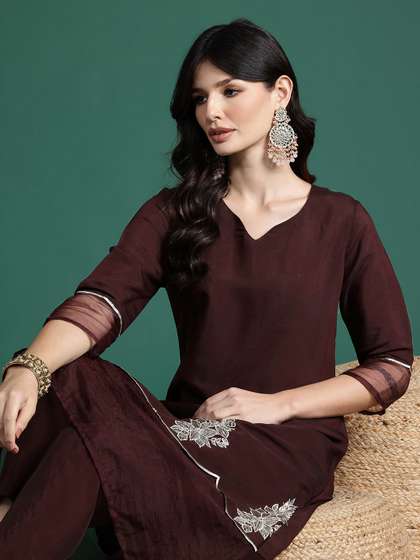 Sangria Floral Embroidered Regular Sequinned Kurta with Trousers