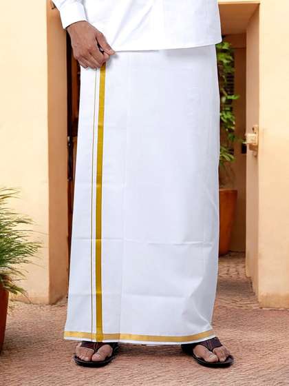 Ramraj Men Cotton
                      White Solid Gold Jari Border Single Layer Dhoti