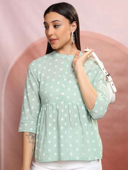 Vishudh Green Geometric Self Design Mandarin Collar Gathered or Pleated Cotton Peplum Top