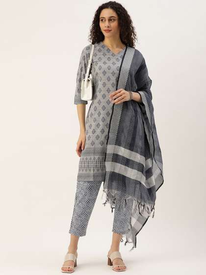 KALINI Floral
                          Printed V-Neck Jacquard Weave Straight Kurta
                          With Trousers & Dupatta