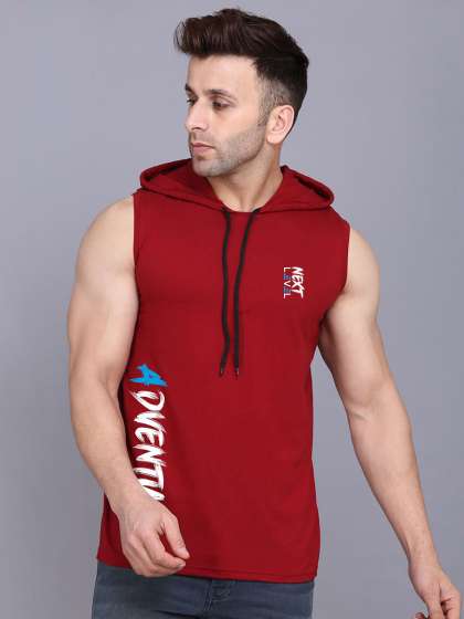 SLOWLORIS Summer Collection Men Typography Printed Hooded Sleeveless T-shirt