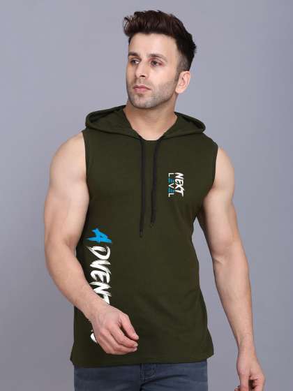 SLOWLORIS Summer Collection Men Typography Printed Hooded Sleeveless T-shirt