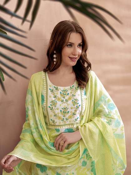Anouk Cream Ethnic Motifs Printed Thread Work Pure Cotton Kurta With Trousers & Dupatta