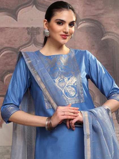 Vishudh Blue Ethnic Motifs Yoke Design Straight Kurta With Trousers & Dupatta