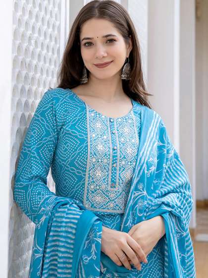 KALINI Bandhani
                        Printed Regular Mirror Work Kurta With Trousers
                        & Dupatta