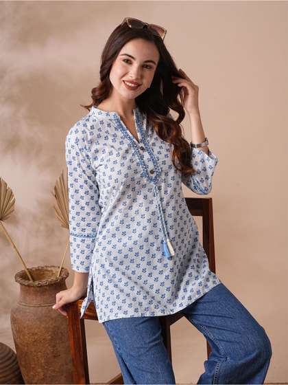 KALINI Floral Printed Mirror Work Mandarin Collar Pure Cotton Kurti