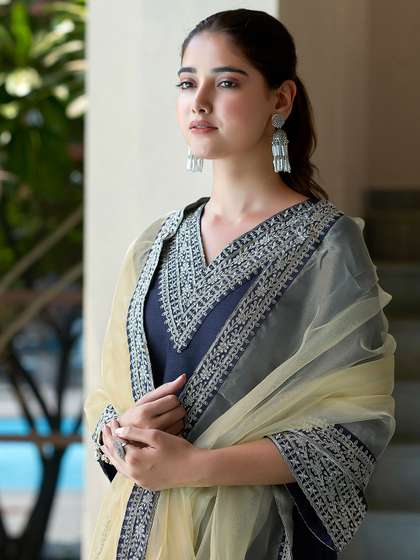 KALINI Ethnic Motifs Yoke Design Sequinned Straight Kurta With Trousers & Dupatta