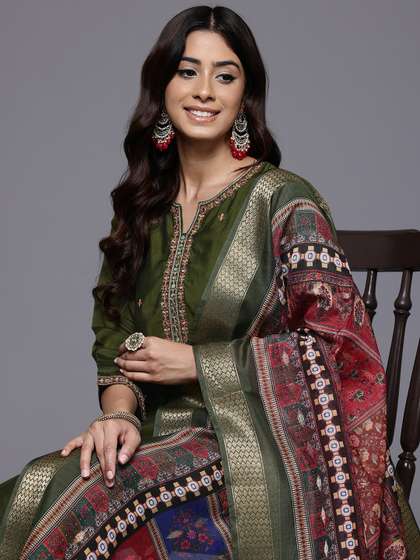 Varanga Thread &
                        Zari Embroidered Kurta with Trouser & Ethnic
                        Printed Dupatta