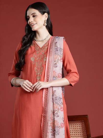 Anouk Embroidered Kurta Set With Printed Dupatta