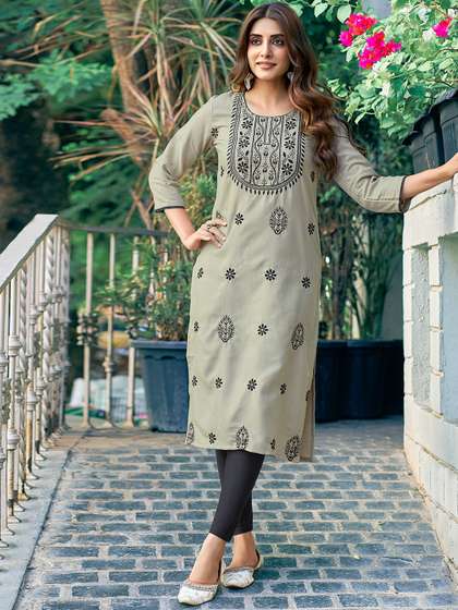 KALINI Ethnic Motifs Embroidered Round Neck Straight Kurta