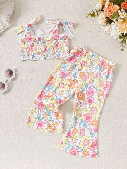 INCLUD Girls Floral
                    Printed Crop Top With Pants Set