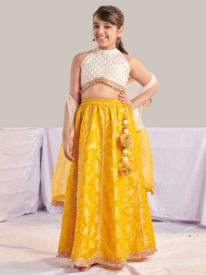 Pspeaches Girls Yellow
                      And White Jacquard Lehenga Choli Dupatta Set