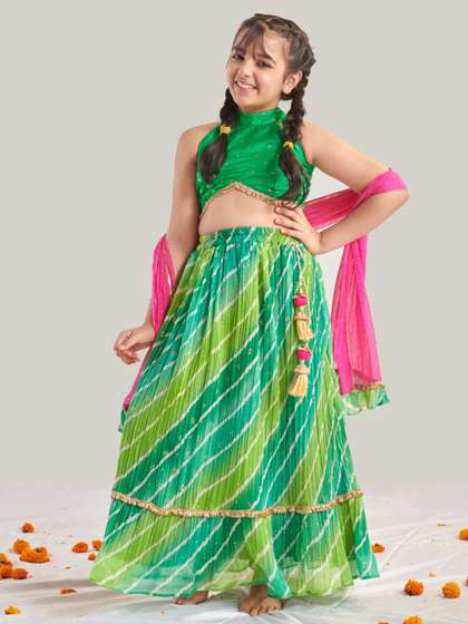 Pspeaches Girls Green
                    Leheriya Taffeta Lehenga Choli Dupatta Set