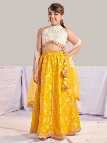 Pspeaches Girls Yellow
                    And White Jacquard Lehenga Choli Dupatta Set