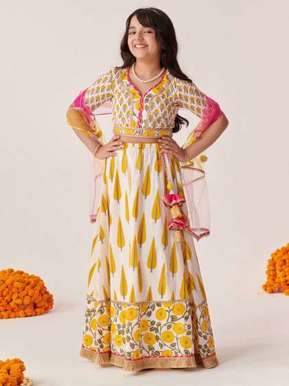 Pspeaches Girls Off
                    White And Yellow Floral Cotton Lehenga Choli Dupatta
                    Set