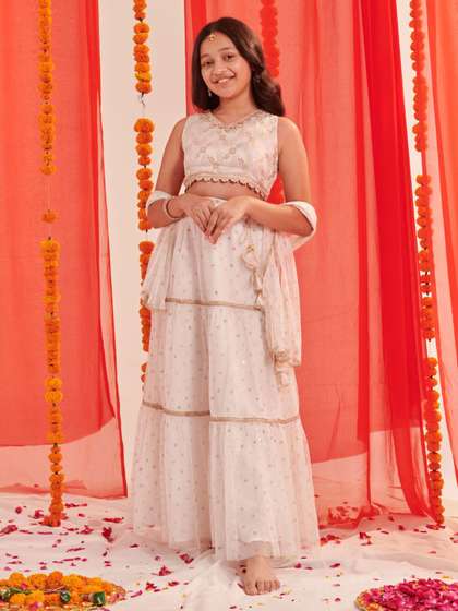 Pspeaches Girls White
                      Jacquard Brocade Tiered Lehenga Choli Set