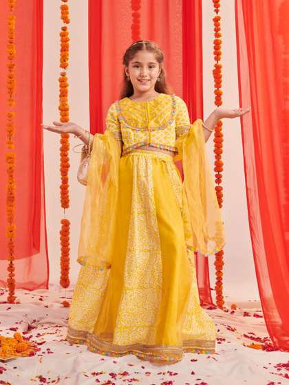 Pspeaches Girls Yellow
                    Cotton Organza Lehenga Choli Dupatta Set