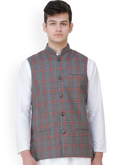 Exotic India Checked Woven Nehru Jacket