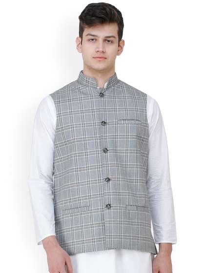 Exotic India Checked Pattern Nehru Jacket
