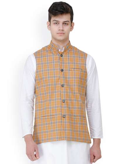 Exotic India Checked Woven Nehru Jacket