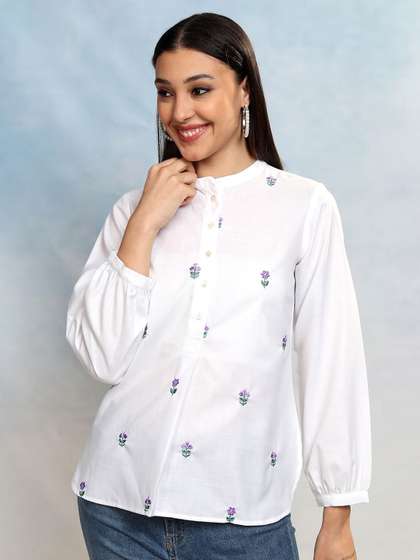 Vishudh Floral Embroidered Mandarin Collar Shirt Style Top
