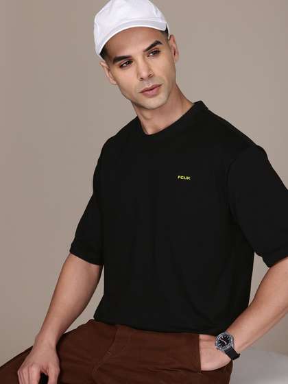 FCUK Drop-Shoulder Sleeves Relaxed Fit Pure Cotton T-shirt
