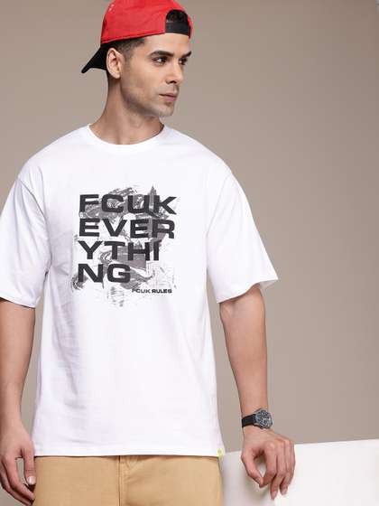 FCUK Typography Printed Drop-Shoulder Sleeves Pure Cotton Oversized T-shirt