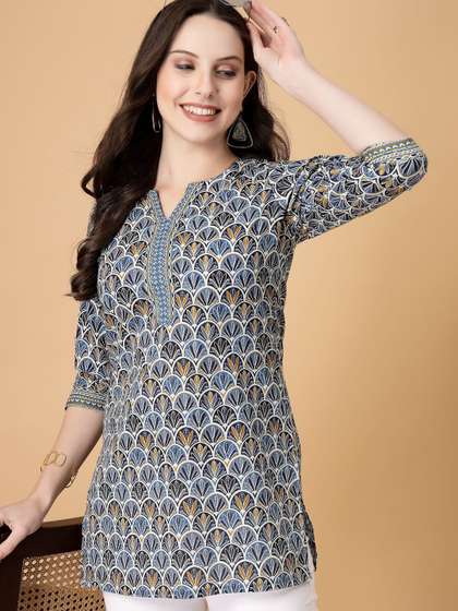 God Bless Ethnic Motifs Round Neck Printed Pure Cotton Kurti