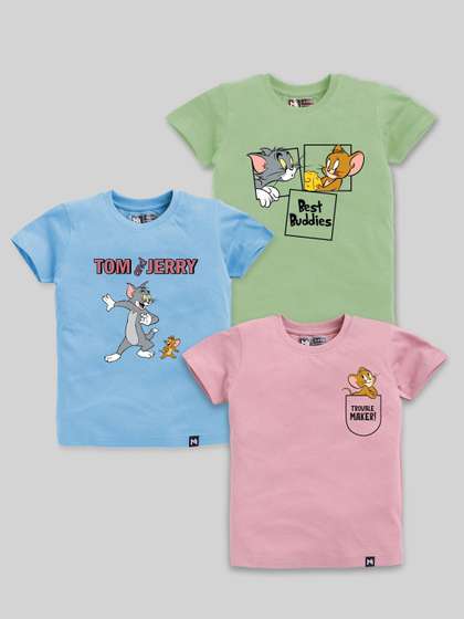 YK X Minute Mirth Boys Assorted Pack of 3 Tom & Jerry Printed Pure Cotton T-shirts