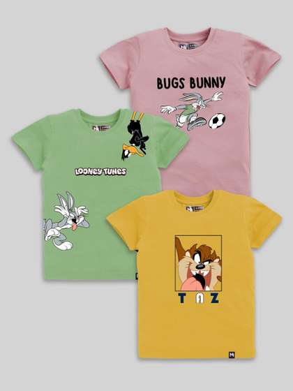 YK X Minute Mirth Boys Set of 3 Looney Tunes Printed Pure Cotton T-shirts