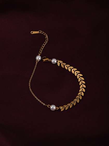 PALMONAS Gold-Plated
                        Artificial Beads Gilded Leaves Anklet