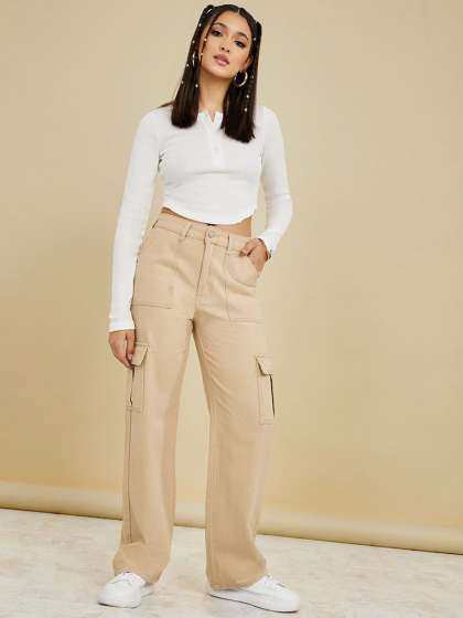 Styli Women High Rise Relaxed Fit Stretchable Cargo Jeans
