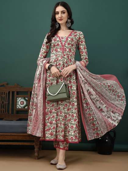 KALINI Floral
                        Printed Pure Cotton Anarkali Kurta With Trousers
                        & Dupatta