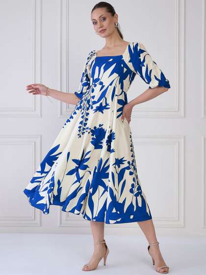 Antheaa Floral
                        Printed Puff Sleeve A-Line Midi Dress