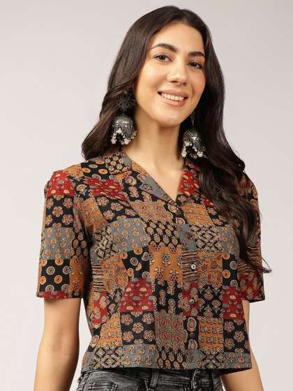 Anouk Ethnic Printed Cuban Collar Pure Cotton Shirt Style Top