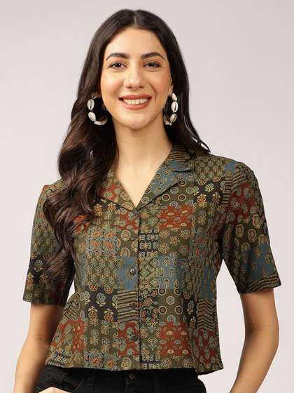 Anouk Ethnic Printed Cuban Collar Cotton Shirt Style Top
