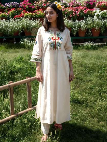 KALINI Floral Embroidered Regular Thread Work Pure Cotton Kurta & Trousers