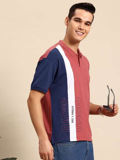 Mast & Harbour Colourblocked Polo Collar Drop-Shoulder Sleeves T-shirt
