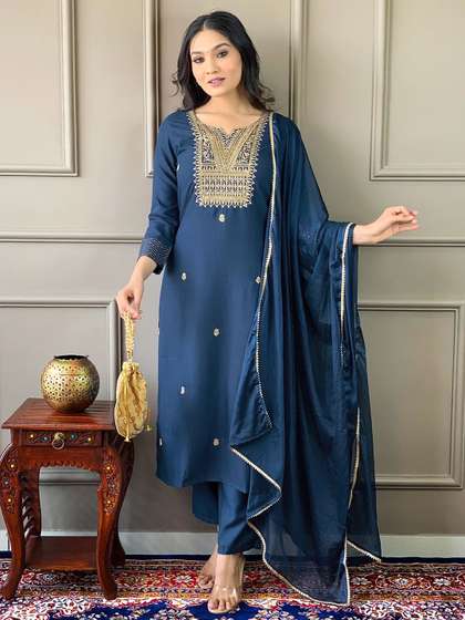 KALINI Ethnic Motifs Embroidered Zari Straight Kurta With Trouser & Dupatta