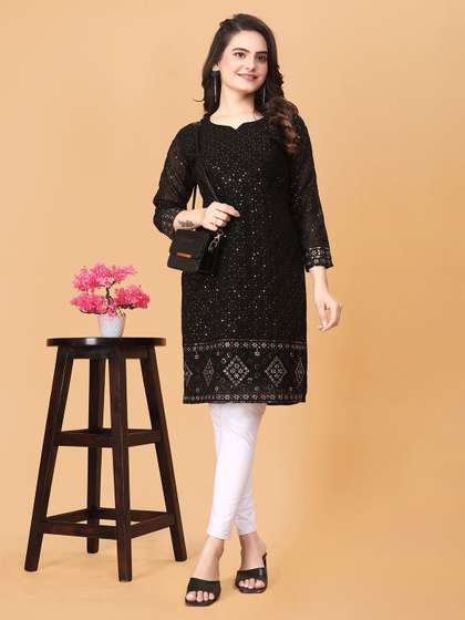 WEAVETECH IMPEX Ethnic Motifs Embroidered V-Neck Sequinned Sequinned Kurti