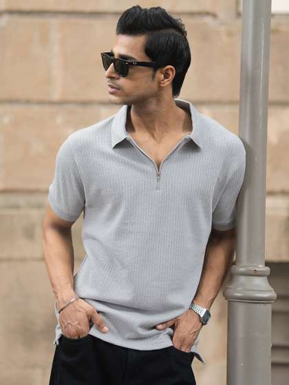 Powerlook Men Self
                        Design Zip Closure T-shirt