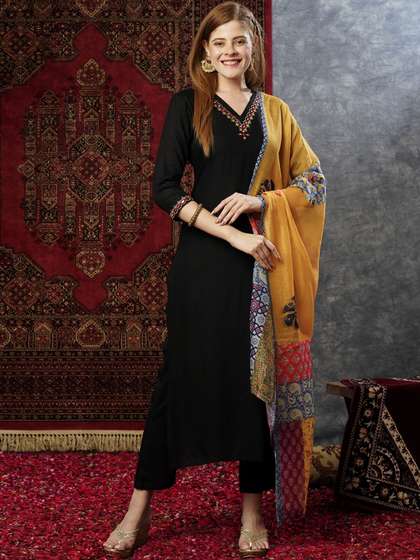 KALINI Mirror Work Embroidered Regular Straight Kurta With Trousers & Dupatta