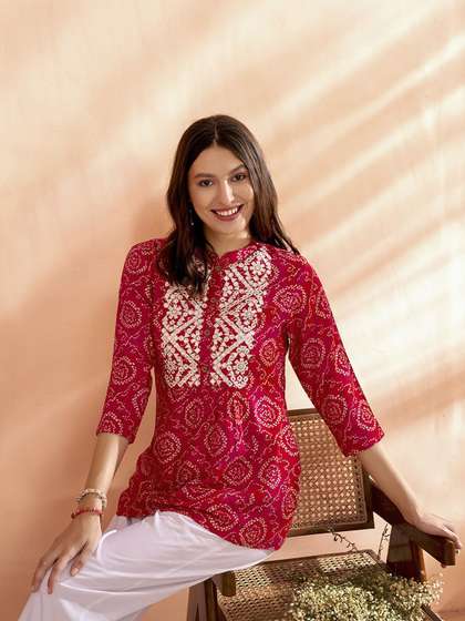 Anouk X fwd Bandhani Printed Mirror Work Short Kurti