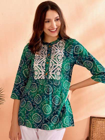 Anouk Bandhani Printed Mirror Work Short Kurti
