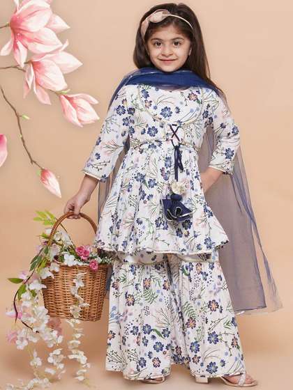 Modish Couture Girls
                    Floral Printed Empire Pure Cotton Kurta with Sharara
                    & With Dupatta
