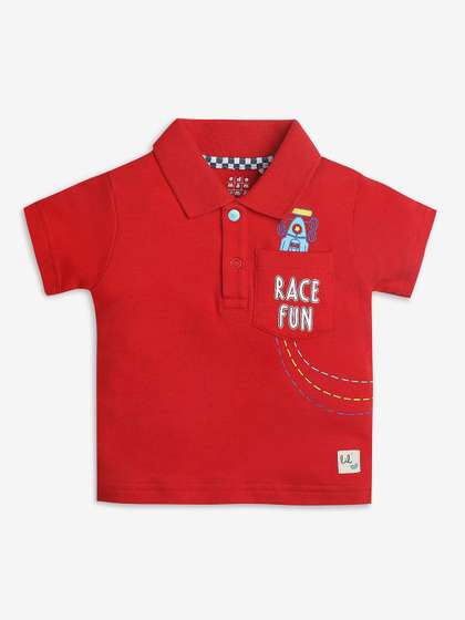 Ed-a-Mamma Baby Boys Typography Printed Polo Collar Pockets T-shirt