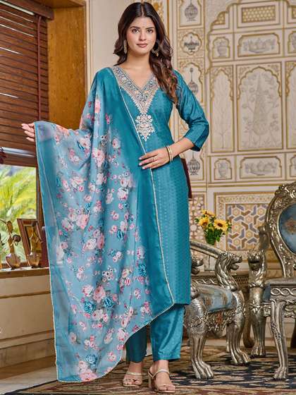 KALINI Ethnic Motifs Embroidered Regular Thread Work Kurta with Trousers & With Dupatta