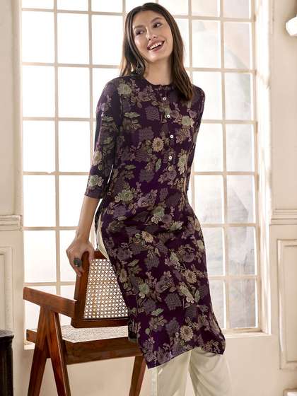 Anouk X fwd Magenta Floral Printed Mandarin Collar Kurta
